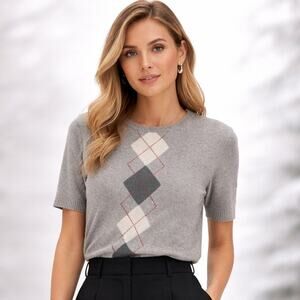 Talbots Women's VTG SZ M Silk Cashmere Blend Short Sleeve Argyle Sweater Gray